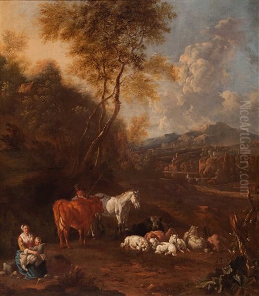 Shepherds And Their Flock In An Italianised Landscape Oil Painting by Johannes van der Bent