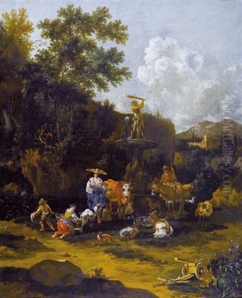 Italienische Landschaft Mit Bauern Am Herkulesbrunnen Oil Painting by Johannes van der Bent