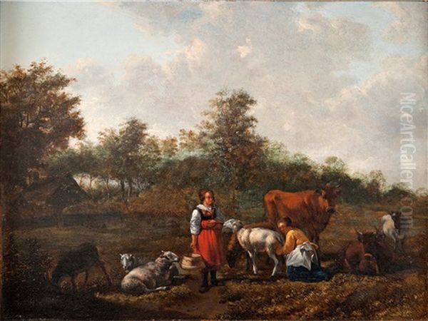 Country Scene With Two Maids Milking Sheep Oil Painting by Johannes van der Bent