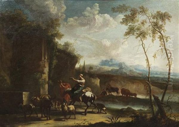 Landskap Med Herdar Och Herdinnor Oil Painting by Johannes van der Bent