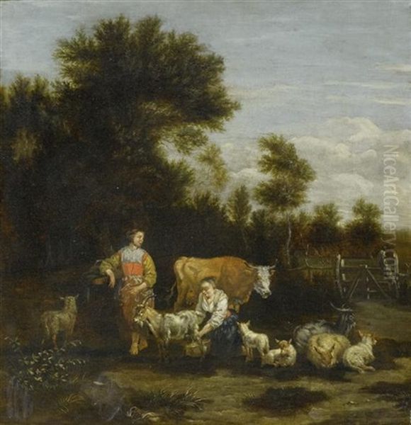 Hirtinnen Mit Tieren Auf Der Weide Oil Painting by Johannes van der Bent