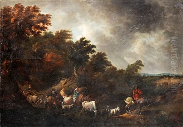 Italiserande Landskap Med Ridande Sallskap Oil Painting by Johannes van der Bent