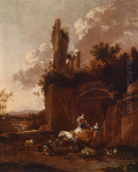 Sudliche Landschaft Mit Rastenden Hirtinnen Vor Einer In Einen Stall Umgewandelten Ruine Oil Painting by Johannes van der Bent