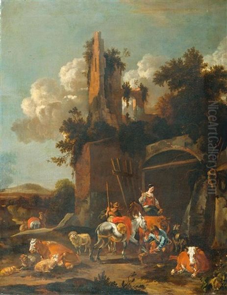 Hufschmied Und Hirten Mit Tieren Vor Ruinen Oil Painting by Johannes van der Bent