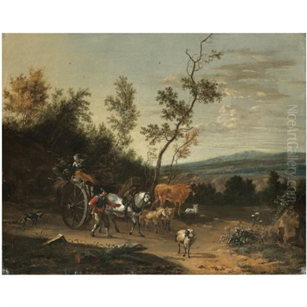 Travellers With A Horse And Cart Passing Through An Extensive Landscape Oil Painting by Johannes van der Bent