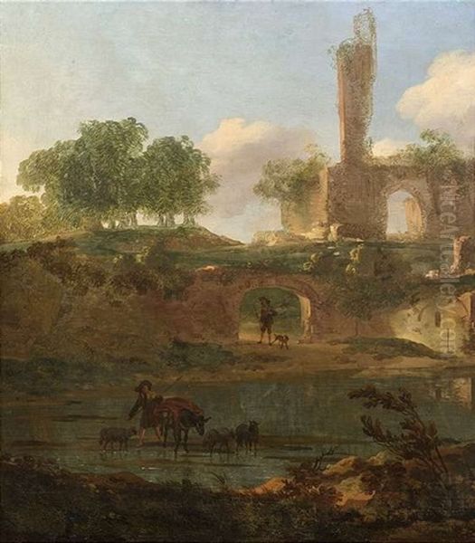 Ruinenlandschaft Mit Hirten Und Vieh, Die Eine Kleine Furt Uberqueren Oil Painting by Johannes van der Bent