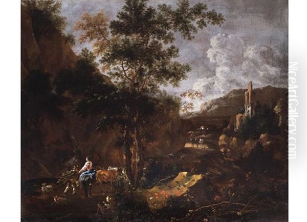 Felsige, Sudliche Landschaft Mit Ruine, Kuhhirten, Reisigsammlern Und Wanderern Oil Painting by Johannes van der Bent