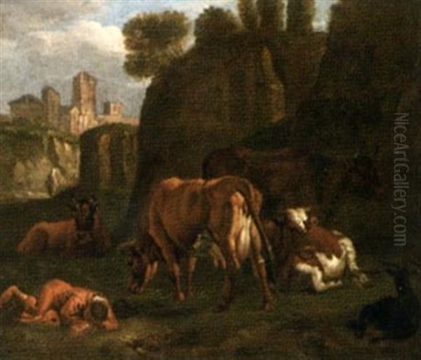 Italieniserande Landskap Med Herde Och Boskap Oil Painting by Johannes van der Bent