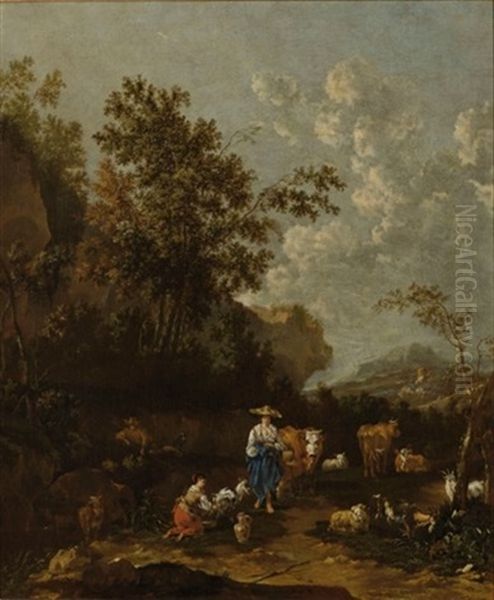 A Wooded Italianate Landscape With Shepherds, A Shepherdess Milking A Goat, Surrounded By Their Herd Of Cows, Sheep And Goats Oil Painting by Johannes van der Bent