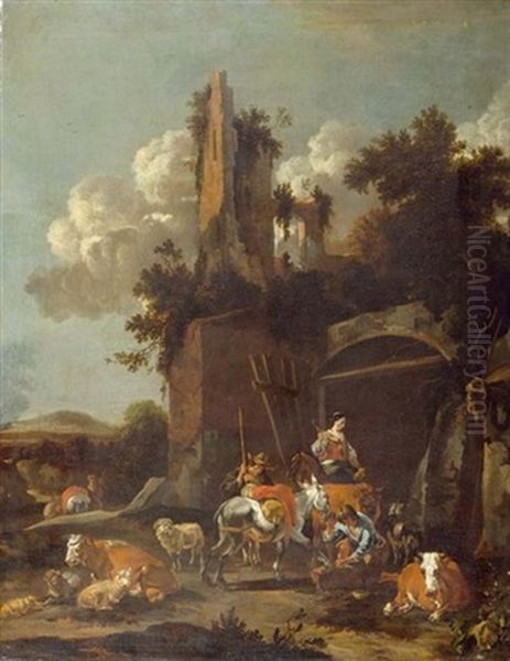 Hufschmied Und Hirten Mit Tieren Vor Ruinen Oil Painting by Johannes van der Bent