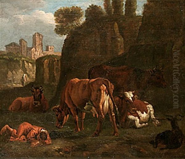 Italieniserande Landskap Med Herde Och Boskap Oil Painting by Johannes van der Bent