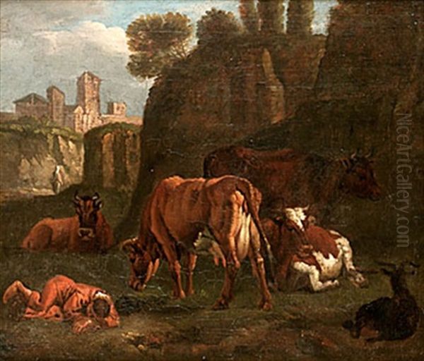 Italieniserande Landskap Med Herde Och Boskap Oil Painting by Johannes van der Bent