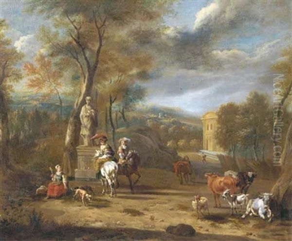 Elegant Company On Horseback By A Fountain In A Wooded Landscape Oil Painting by Johannes van der Bent