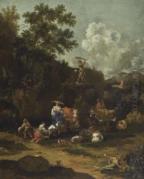 Bauern Mit Vieh Bei Einem Antiken Brunnen Oil Painting by Johannes van der Bent