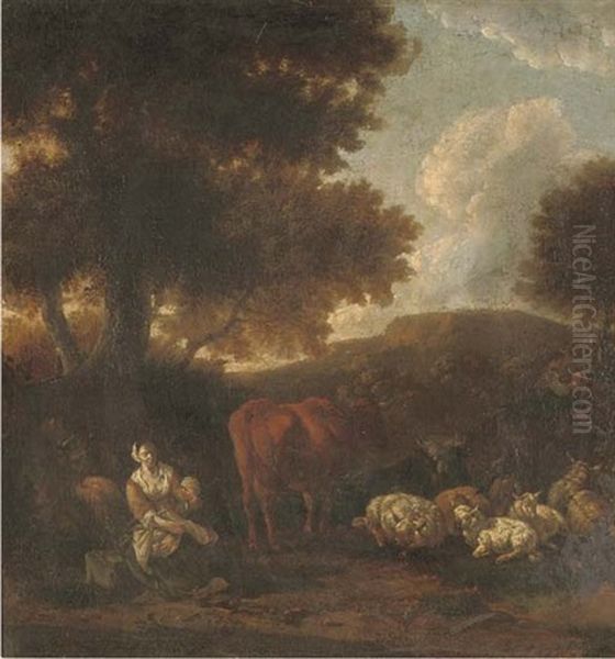 A Wooded Landscape With Herdsmen And Cattle Resting Oil Painting by Johannes van der Bent