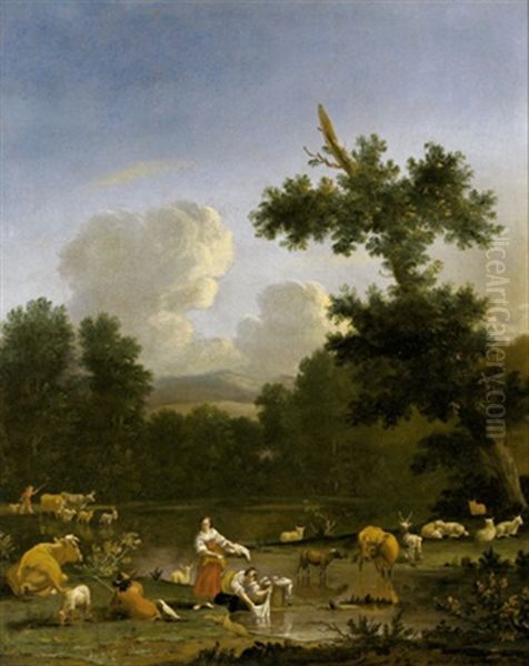 Wascherinnen Und Ein Hirte Mit Seiner Herde In Einer Bewaldeten Landschaft An Einem Teich Oil Painting by Johannes van der Bent