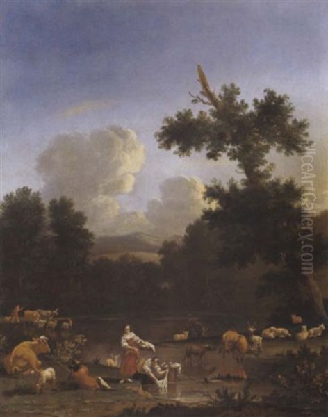 Wascherinnen Und Ein Hirt Mit Seiner Herde In Einer Bewaldeten Landschaft An Einem Teich Oil Painting by Johannes van der Bent