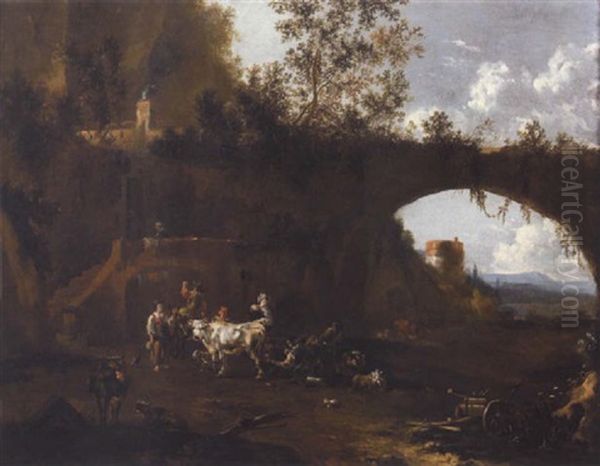 Peasants And Livestock Outside A Rustic Dwelling In The Roman Campagna, Beside A Ruined Arch And Tower Oil Painting by Johannes van der Bent