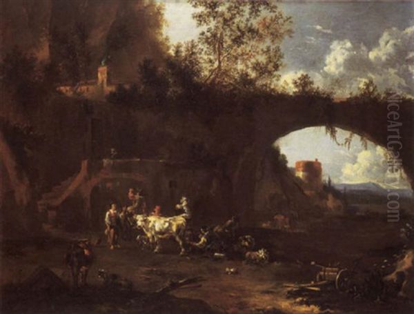 Peasants And Livestock Outside A Rustic Dwelling In The Roman Campagna, Beside A Ruined Arch And Tower Oil Painting by Johannes van der Bent