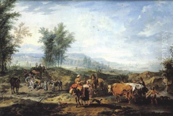 Hirten Und Herde In Einer Sudlichen Landschaft Oil Painting by Johannes van der Bent