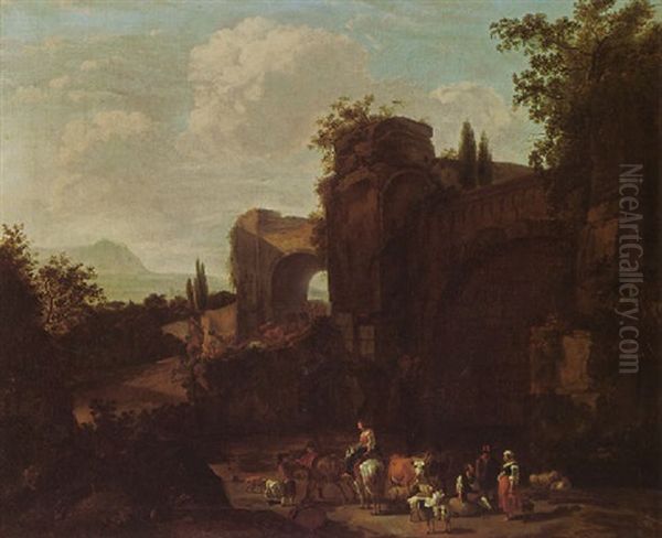 A Classical Landscape With Shepherds And Their Herd Near Ruins Oil Painting by Johannes van der Bent