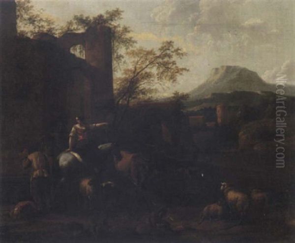 Landskap Med Herdar Och Herdinnor Oil Painting by Johannes van der Bent