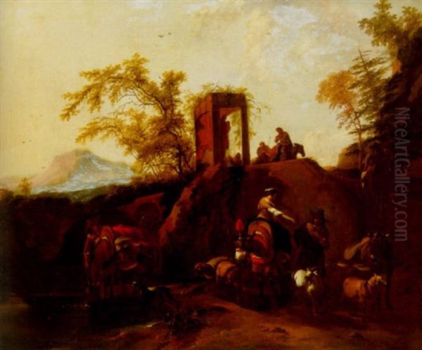 Travellers Watering Their Horses And Conversing With A Shepherd By His Livestock, Other Shepherds Adoring A Shrine Nearby, Mountains Beyond Oil Painting by Johannes van der Bent