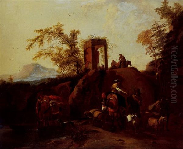 Travellers Watering Their Horses And Conversing With Shepherds And Their Livestock, Mountains Beyond Oil Painting by Johannes van der Bent