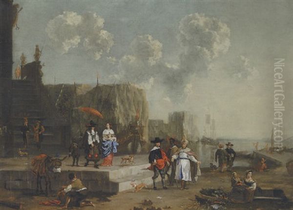 A Capriccio Of A Mediterranean Harbour With Elegant Travellers, A Moor And An Oriental Merchants, And Other Figures Oil Painting by Johannes van der Bent