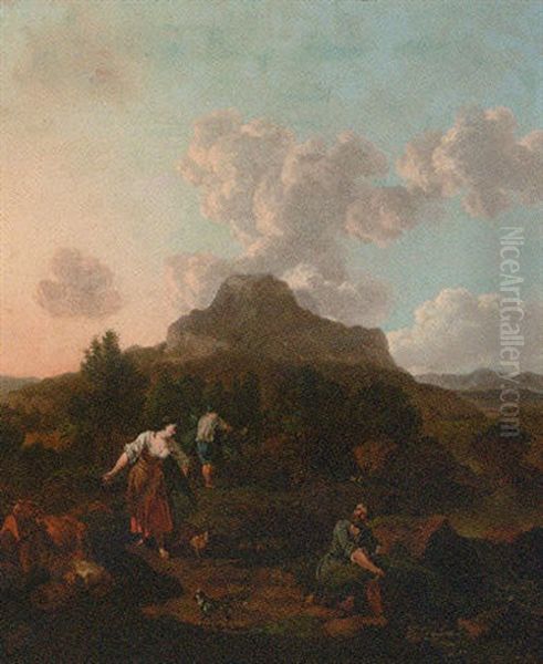 A Rocky Italianate Landscape With Harvesters, Cattle And A Dog By A Stream by Johannes van der Bent