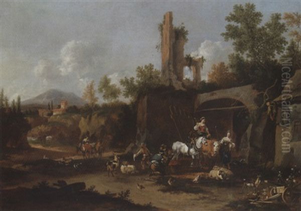 An Italianate Landscape With Peasants At A Forge Among Roman Ruins Oil Painting by Johannes van der Bent