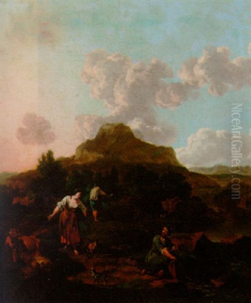 A Rocky Italianate Landscape With Harvesters, Cattle And A Dog By Stream Oil Painting by Johannes van der Bent