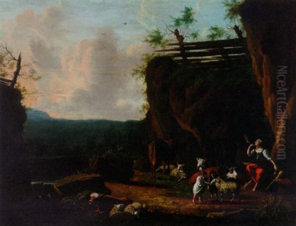 A Drover Resting With Cattle, Sheep And A Horse With Children Playing With A Ewe In A Landscape Oil Painting by Johannes van der Bent