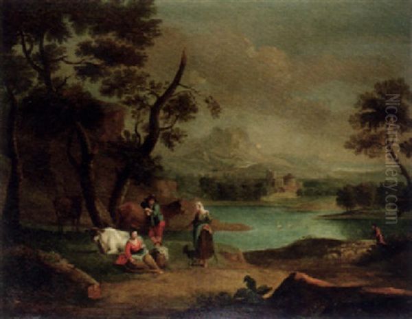 A Drover With Cattle And A Traveller Resting In A River Landscape Oil Painting by Johannes van der Bent