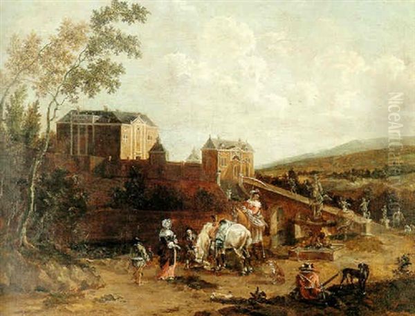 Landscape With Figures And Horses Before A Castle Oil Painting by Johannes van der Bent