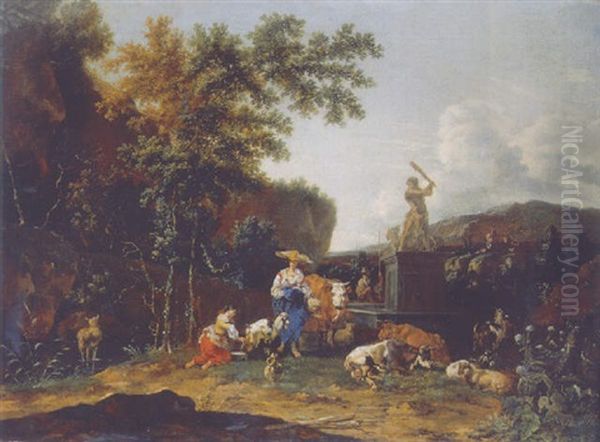 A Shepherdess And A Milkmaid By A Fountain Mounted By A Sculpture Of Hercules Slaying The Hydra, In An Italianate Landscape Oil Painting by Johannes van der Bent