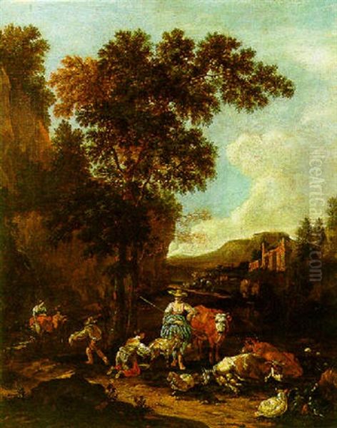 An Italianate River Landscape With Figures And Cattle Resting By Ruins Oil Painting by Johannes van der Bent