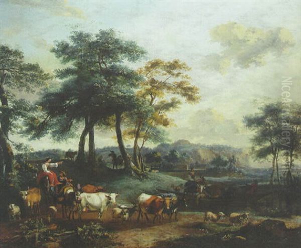 An Italianate Landscape With Drovers And Cattle On A Track Oil Painting by Johannes van der Bent