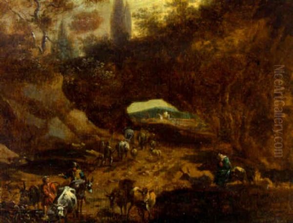 A Rocky Landscape With Drovers On A Track Oil Painting by Johannes van der Bent