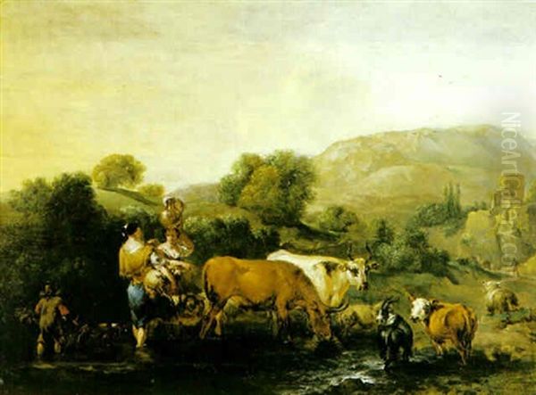 Landskap Med Boskap Vid Vattendrag Oil Painting by Johannes van der Bent