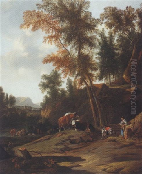 Wooded Landscape With A Shepherdess And Her Flock Oil Painting by Johannes van der Bent