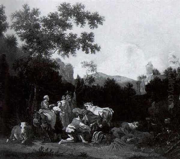 Italianate Landscape With Travellers Pausing With Their Animals By A Stream Oil Painting by Johannes van der Bent