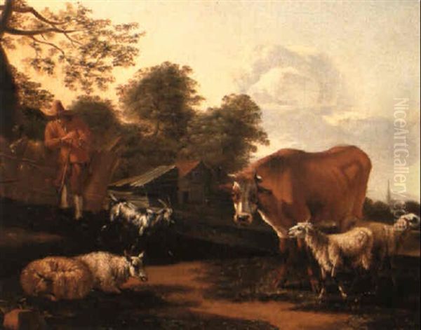 A Shepherd Leaning On A Fence With Farm Animals Nearby Oil Painting by Johannes van der Bent