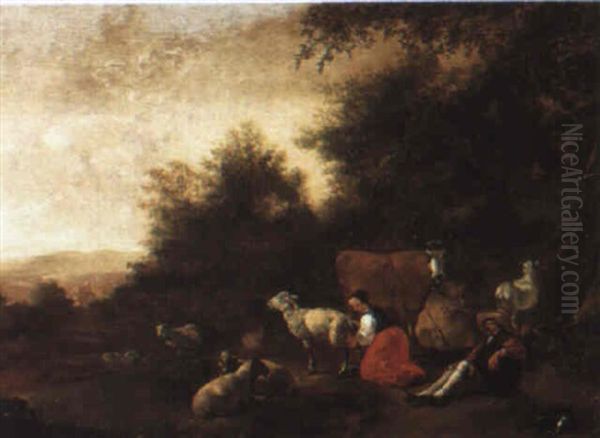 Herders And Their Flocks Oil Painting by Johannes van der Bent