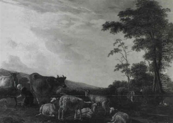 A Milkmaid With Cattle, Sheep And Goats In An Italianate    Landscape Oil Painting by Johannes van der Bent