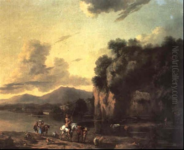 Hirten Mit Vieh An Der Furt Am Fluss Bei Einem Von Pflanzen Uberwucherten Felsentor Rechts Oil Painting by Johannes van der Bent