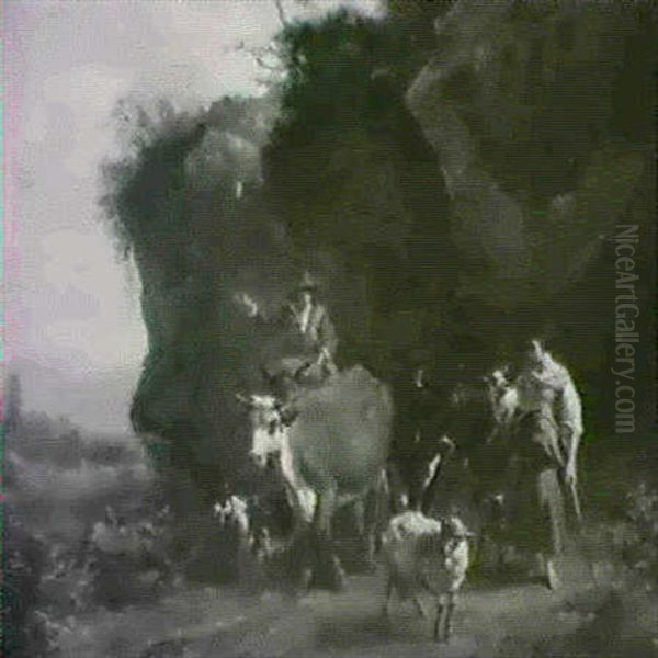 A Herdsman And His Companion Travelling Along A Rocky Path Oil Painting by Johannes van der Bent