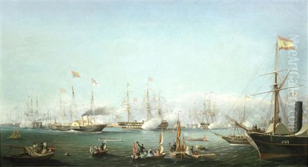 The New Royal Yacht Victoria & Albert (ii) Arriving At Boulogne For Queen Victoria's Second State Visit To France, 18th August 1855 Oil Painting by Louis Bentabole