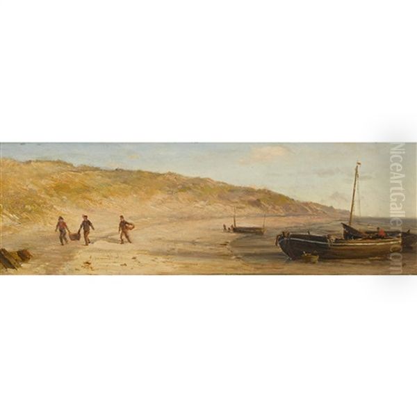 Strandpartie Mit Fischerbooten Oil Painting by Louis Bentabole