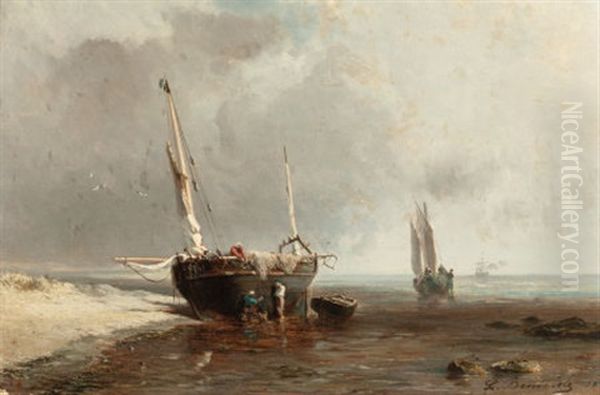 Fishing Boats On The Shore At Low Tide Oil Painting by Louis Bentabole